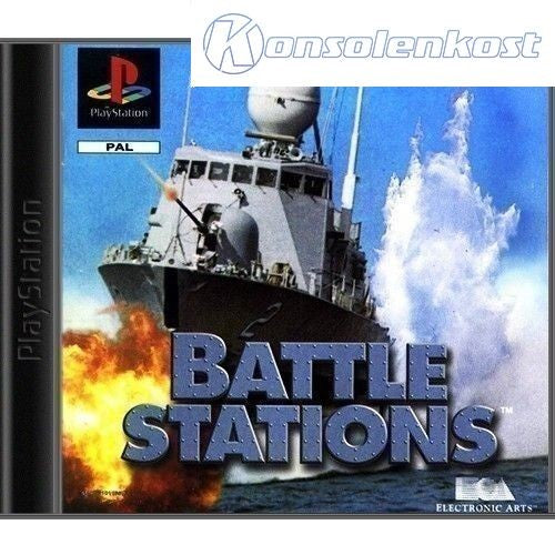 Das Cover von Battlestations für PlayStation zeigt ein Kriegsschiff auf See mit Explosionen und dem Spieltitel.