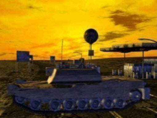 Ein Panzer steht in einer kargen Landschaft vor einem orangefarbenen Himmel bei Sonnenuntergang.