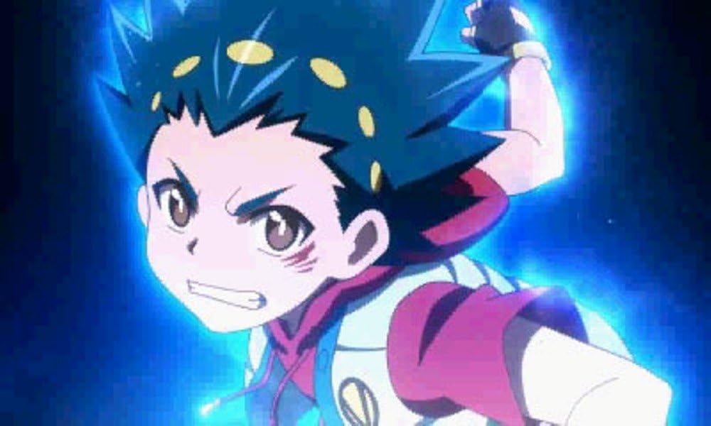Ein Charakterportrait mit blauem Haar und leuchtender Aura aus Beyblade Burst.