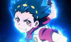 Ein Charakterportrait mit blauem Haar und leuchtender Aura aus Beyblade Burst.