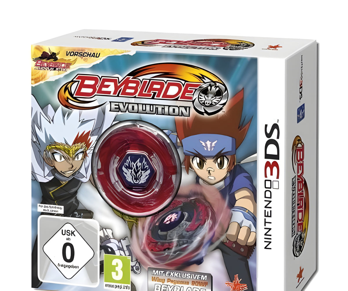 Das Cover von Beyblade: Evolution Collector's Edition zeigt zwei Jungen mit Kreiseln und das USK-Siegel ab 0 Jahren.