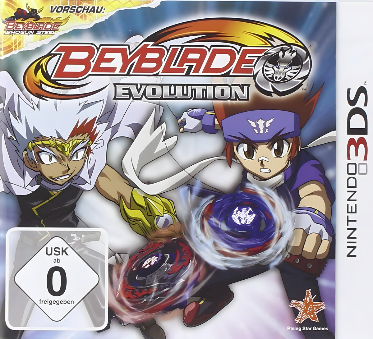 Das Cover von Beyblade: Evolution zeigt zwei Jungen mit Beyblades und das USK-Siegel ab 0 Jahren.