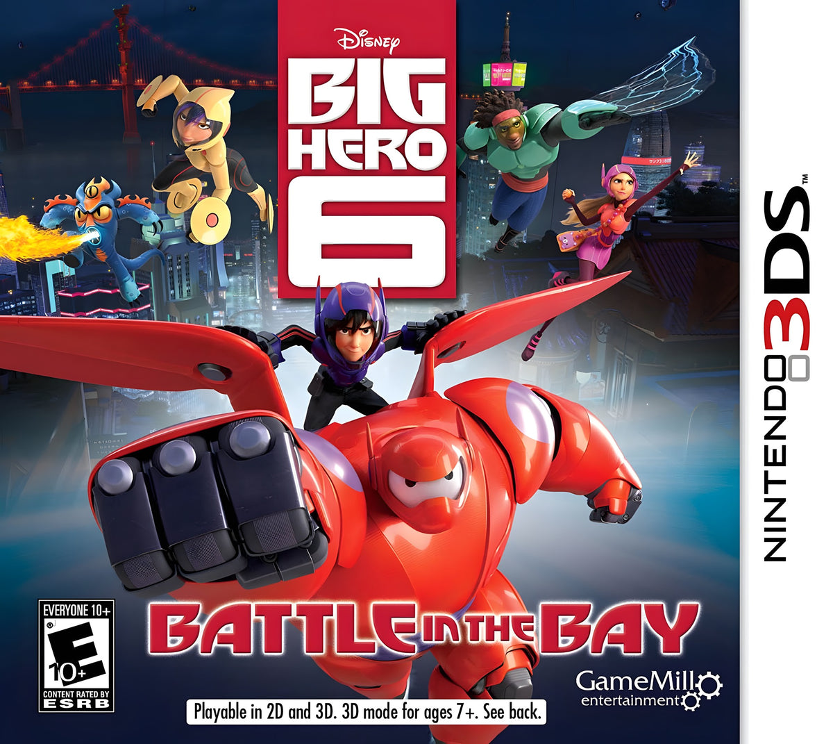 Das Cover von Big Hero 6: Battle in the Bay zeigt Baymax und Hiro mit dem Heldenteam vor einer Stadtkulisse.