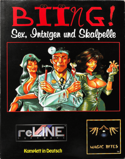 Das Cover von Biing! Sex, Intrigen und Skalpelle für Amiga zeigt einen Arzt mit zwei Krankenschwestern.