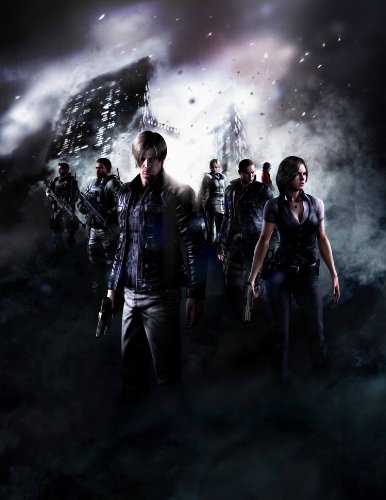 Mehrere Hauptcharaktere von Biohazard 6: Resident Evil 6 stehen vor einer düsteren Stadtkulisse.