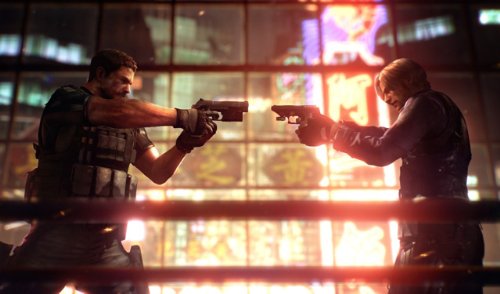 Chris Redfield und Leon S. Kennedy duellieren sich in Biohazard 6: Resident Evil 6 mit Pistolen.