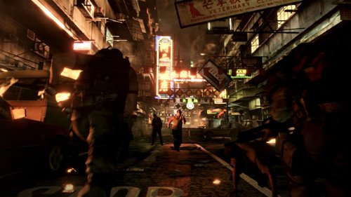 Ein nächtlicher Strassenkampf in Biohazard 6: Resident Evil 6 mit Neonlichtern im Hintergrund.