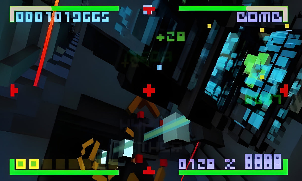 Eine Spielszene aus Bit Trip Saga zeigt einen Tunnel in einer Pixel-Welt mit leuchtenden Objekten und HUD-Elementen.