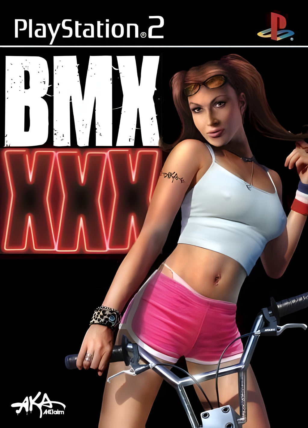 Das Cover von BMX XXX für PS2 zeigt eine Frau in Hotpants und Top, die auf einem BMX-Lenker sitzt.