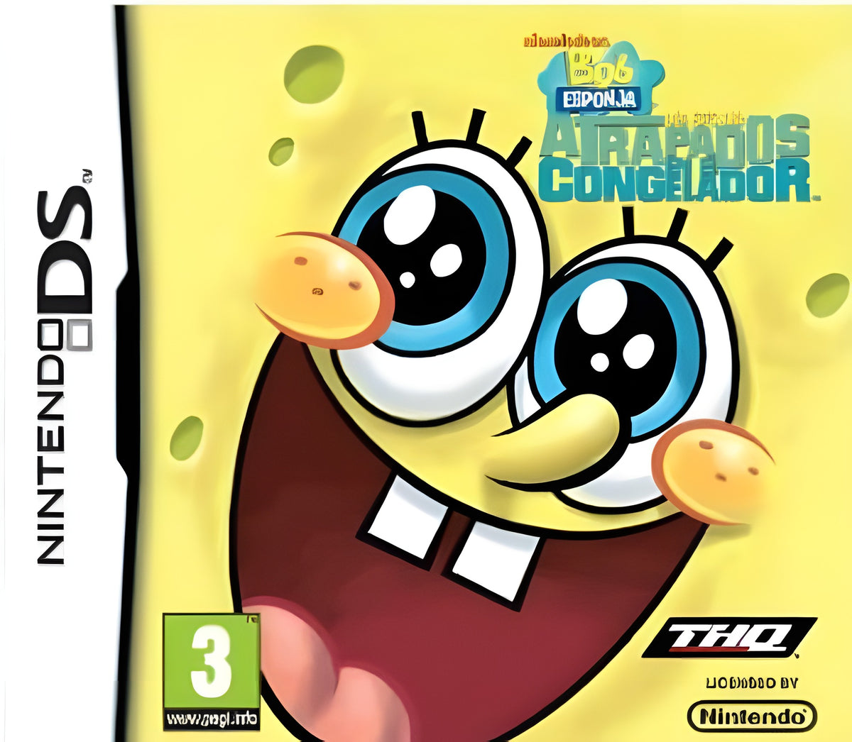 Das Cover von Bob Esponja Atrapados en el congelador für Nintendo DS zeigt Spongebob mit großen Augen und offenem Mund.