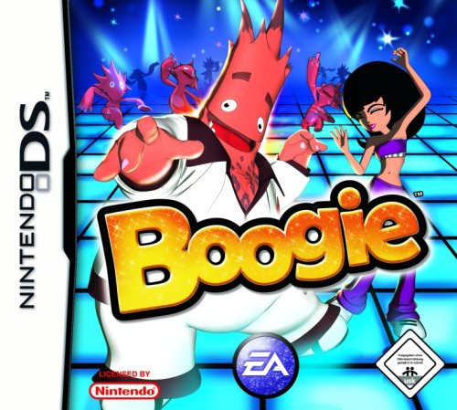 Boogie für Nintendo DS, USK ab 6, zeigt einen roten Charakter und eine Frau auf einer Tanzfläche.