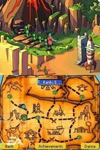 Eine Spielszene zeigt eine Weltkarte mit Routen und einen Vulkan mit kleinen grünen Kreaturen.