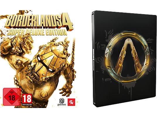 Das Cover von Borderlands 4 Super Deluxe Edition für PS5 zeigt einen goldenen Roboter und ein schwarzes Steelbook mit Logo.