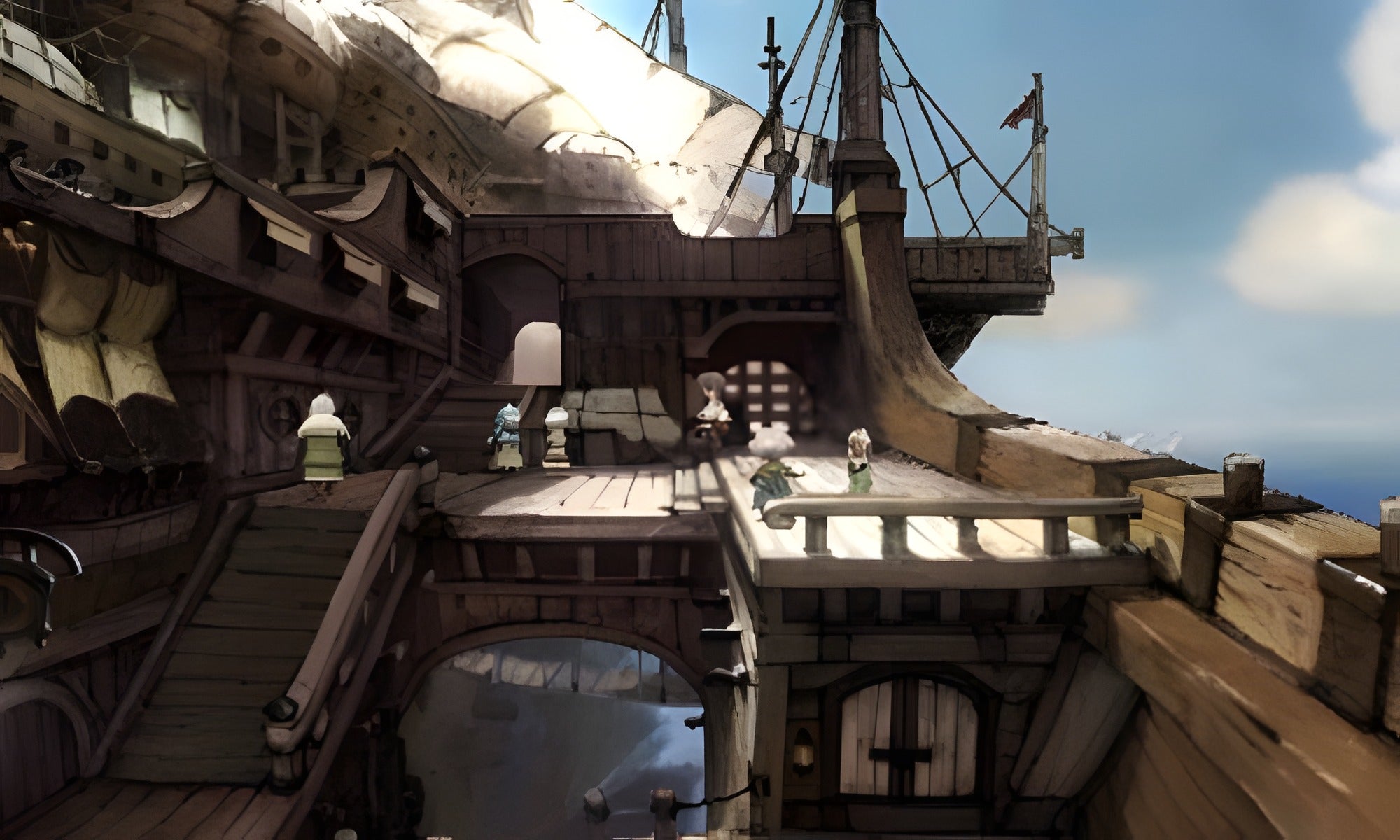 Mehrere Figuren stehen auf dem Deck eines großen Luftschiffs in Bravely Default.