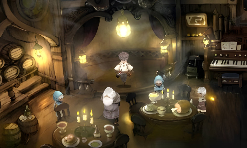 Eine Gruppe von Charakteren sitzt in Bravely Default an einem festlich gedeckten Tisch in einer Taverne.