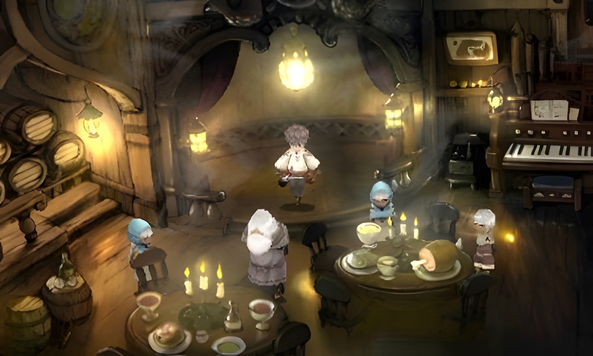 Eine Gruppe von Charakteren sitzt in Bravely Default an einem festlich gedeckten Tisch in einer Taverne.