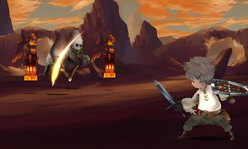 In Bravely Default kämpft ein Krieger mit Schwert und Schild gegen einen großen Gegner in einer Wüste.