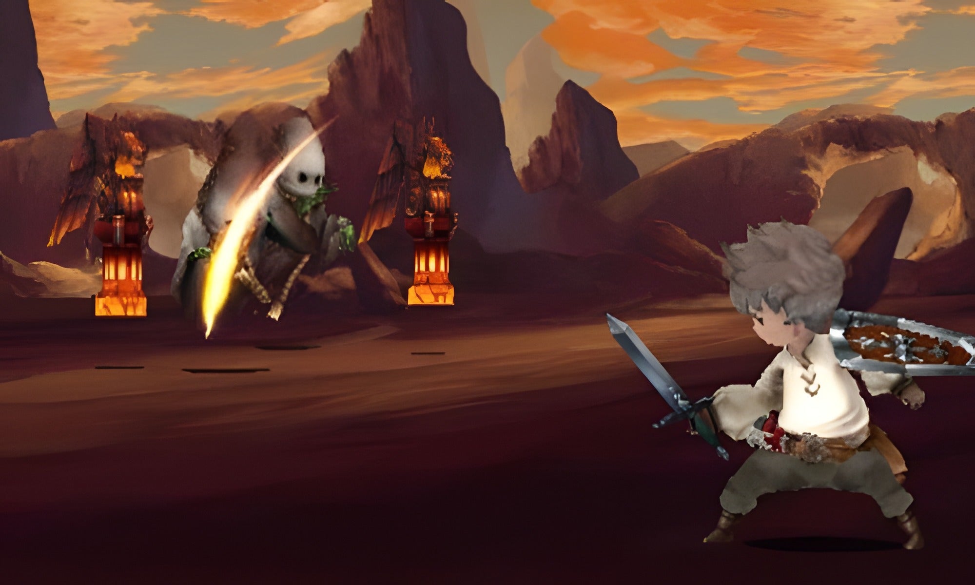 In Bravely Default kämpft ein Krieger mit Schwert und Schild gegen einen großen Gegner in einer Wüste.