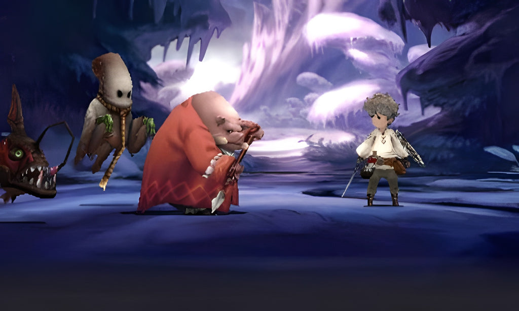 Eine Szene aus Bravely Default zeigt drei Monster, die einem jungen Krieger in einer Eishöhle gegenüberstehen.