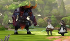 Bravely Default zeigt einen Bosskampf auf einer grünen Wiese, wo zwei Helden einem Minotaurus gegenüberstehen.