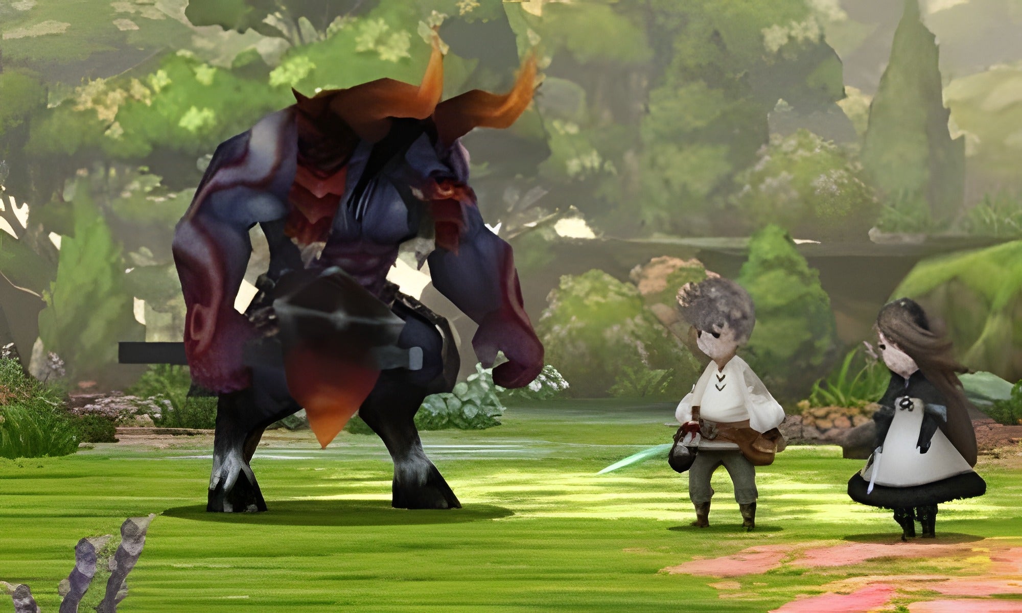 Bravely Default zeigt einen Bosskampf auf einer grünen Wiese, wo zwei Helden einem Minotaurus gegenüberstehen.