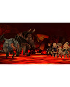 Eine Gruppe von vier Helden kämpft in Bravely Second: End Layer gegen große Monster in einer Lava-Landschaft.