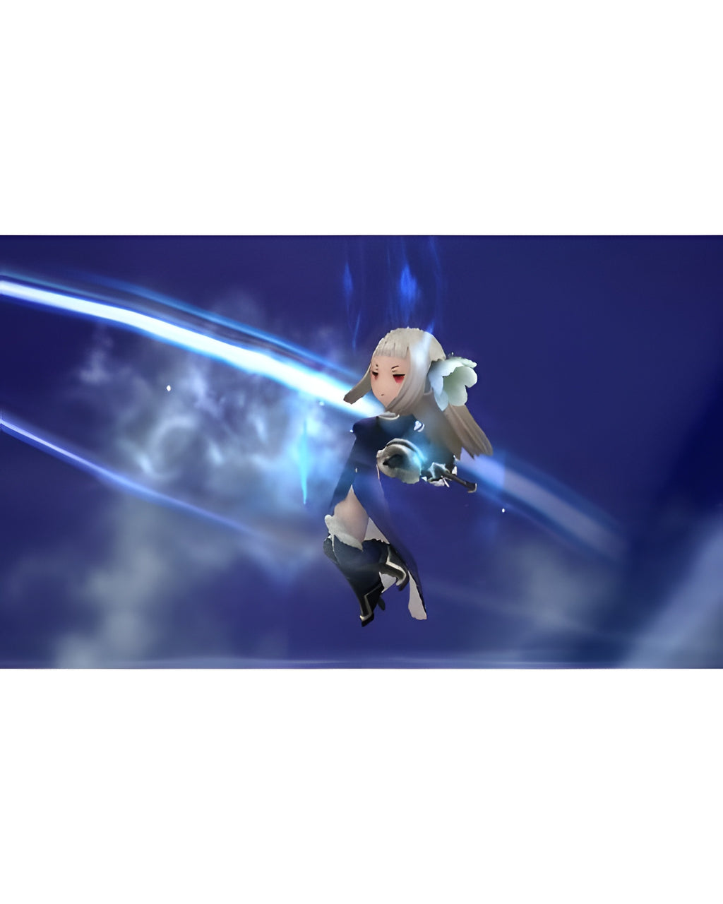 In Bravely Second: End Layer schwebt eine weibliche Figur mit weissen Haaren und blauer Magie.