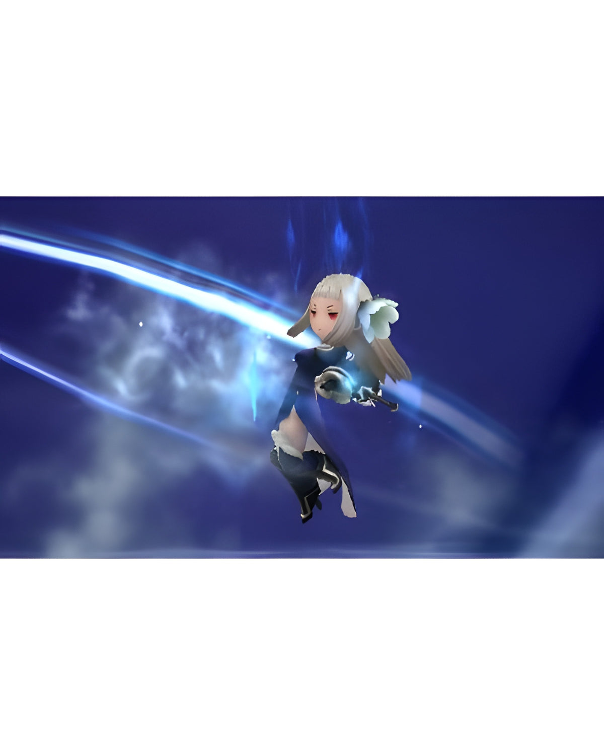 In Bravely Second: End Layer schwebt eine weibliche Figur mit weissen Haaren und blauer Magie.
