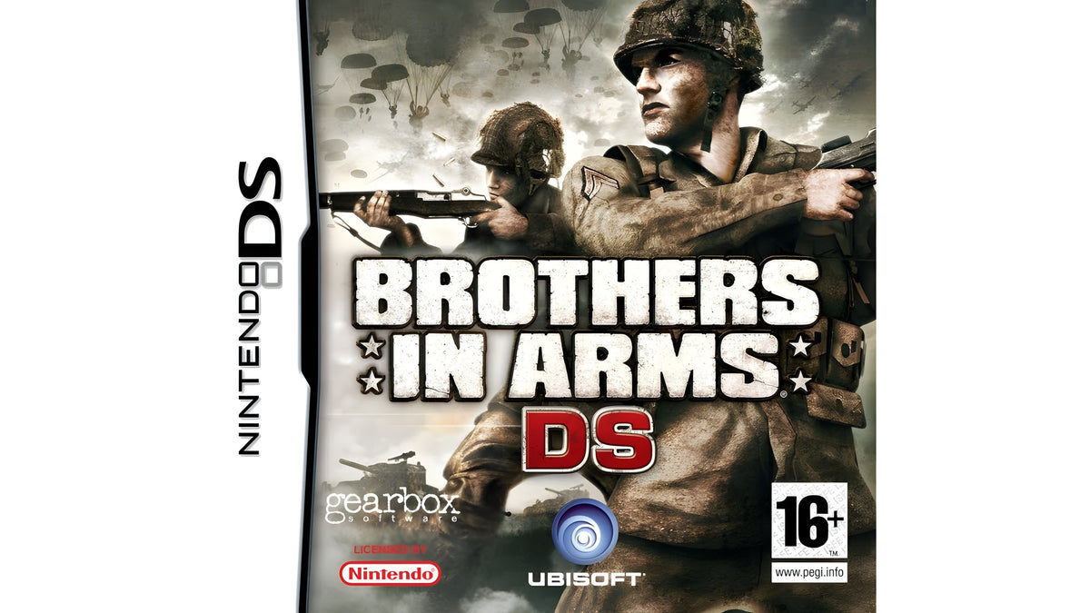 Das Cover von Brothers in Arms für Nintendo DS zeigt zwei Soldaten mit Gewehren und Fallschirmspringer im Hintergrund.