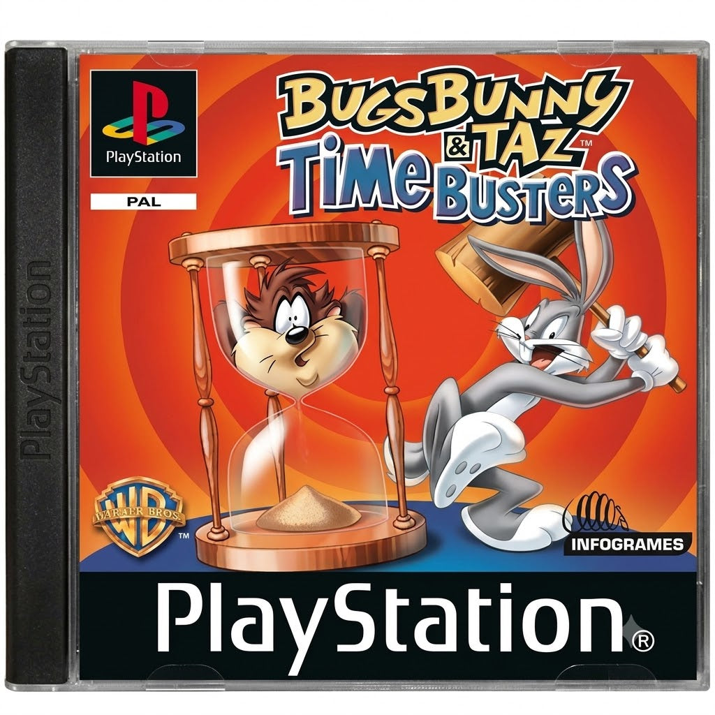 Das Cover von Bugs Bunny & Taz: Time Busters für PlayStation zeigt Bugs Bunny und Taz mit einer Sanduhr.