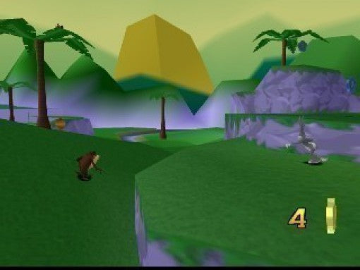 Taz und Bugs Bunny stehen in einer grünen Landschaft mit Palmen und einem gelben Berg im Hintergrund.