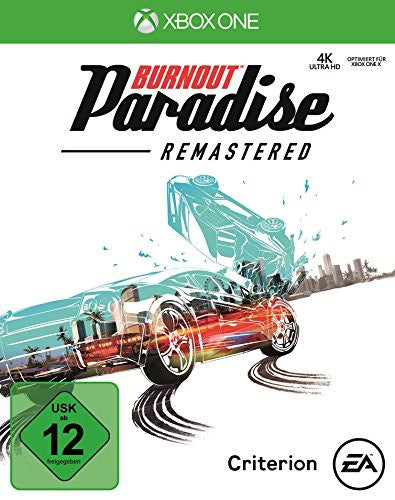 Das Cover von Burnout Paradise: Remastered für Xbox One zeigt zwei kollidierende Autos und das USK ab 12 Siegel.