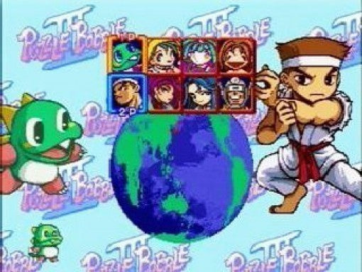 Zwei Spielfiguren, der grüne Drache Bub und ein Karatekämpfer, stehen beidseitig einer Weltkugel mit Charakterauswahl.
