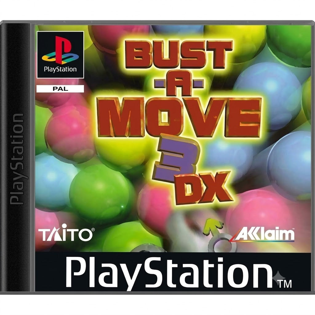 Das Cover von Bust-A-Move 3 DX für PS1 zeigt den Titel vor einem Hintergrund aus vielen bunten Blasen.