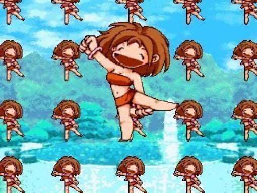 Eine tanzende Comic-Figur mit braunen Haaren und orangefarbenem Bikini steht vor einem Wasserfall.
