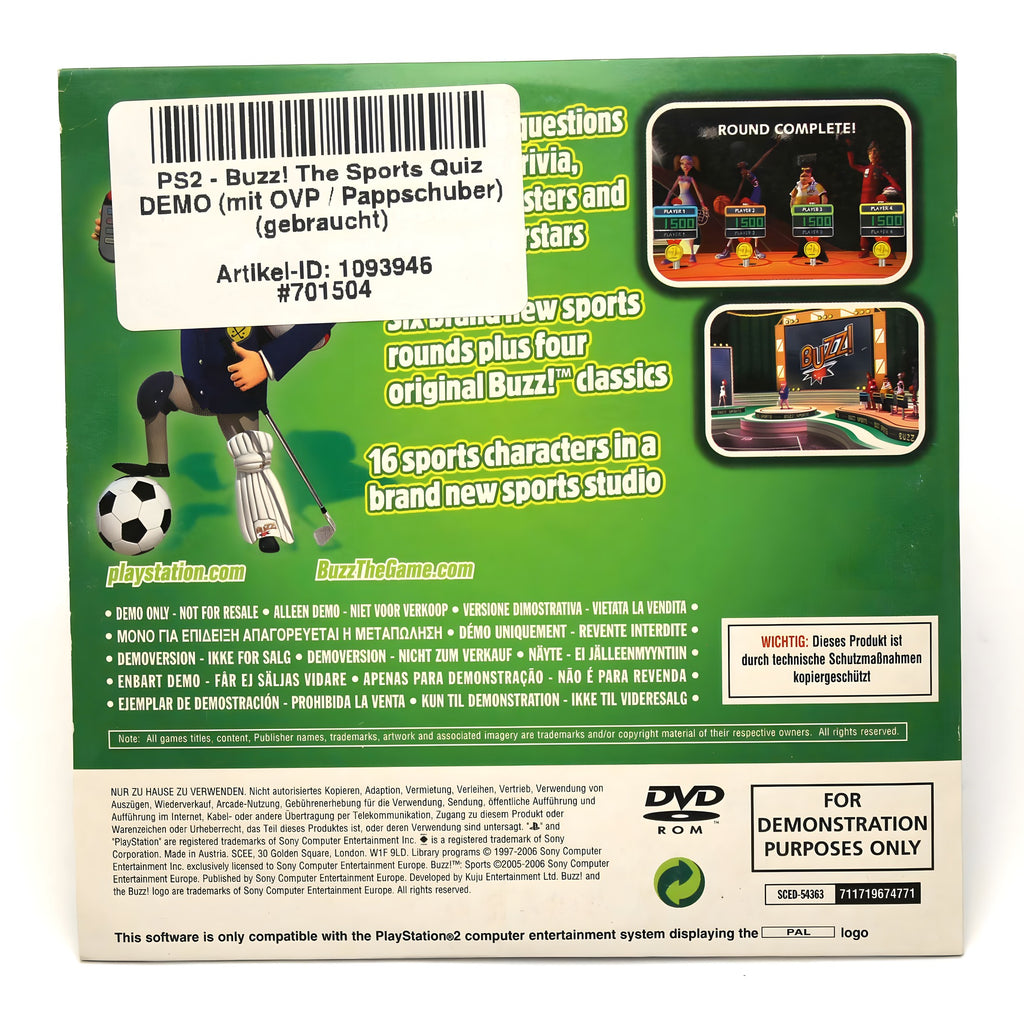 Die Rückseite von BUZZ! The Sports Quiz DEMO zeigt Spielszenen und Textinformationen zur Demoversion.