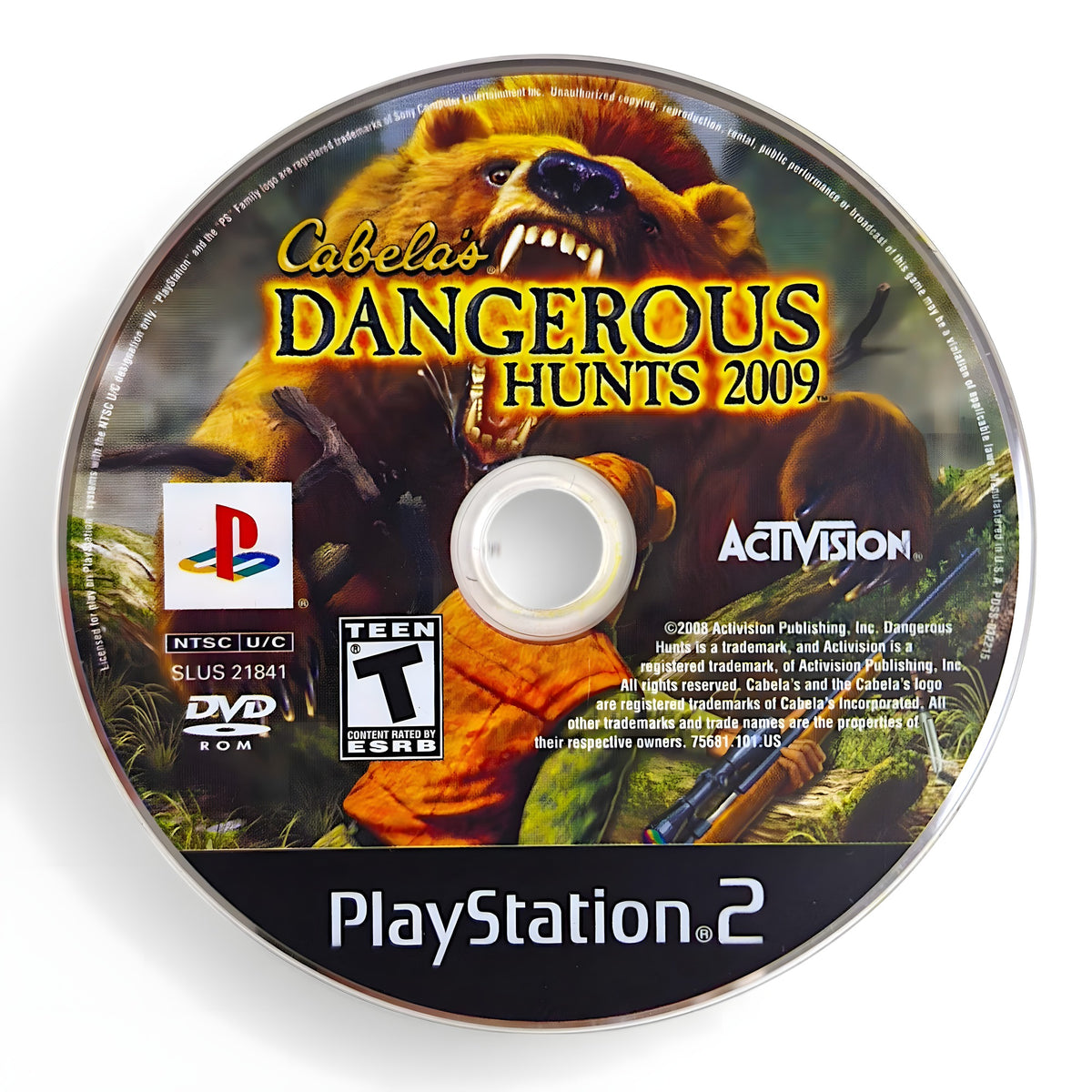 Der Datenträger von Cabela's Dangerous Hunts 2009 für PS2 zeigt einen Grizzlybären und einen Jäger.