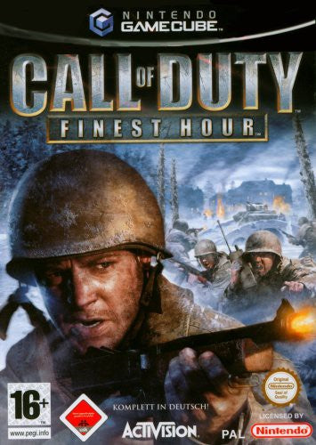 Call of Duty: Finest Hour für GameCube, USK ab 16, zeigt einen Soldaten mit Helm und Gewehr im Vordergrund.