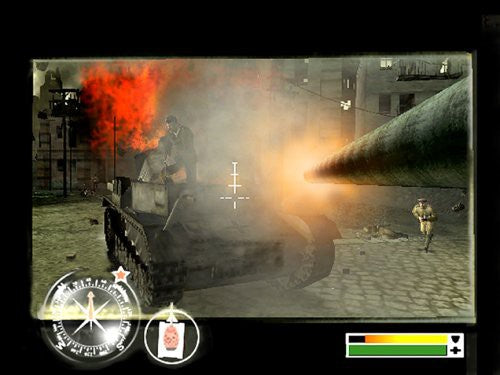Ein brennender Panzer explodiert in einer zerstörten Stadt, während ein Soldat im Hintergrund rennt.