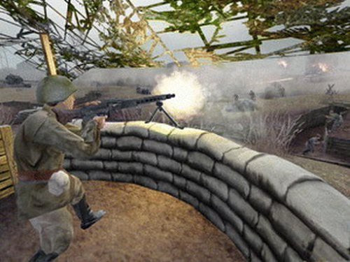 Ein Soldat schießt mit einem Maschinengewehr aus einem Schützengraben auf feindliche Truppen.