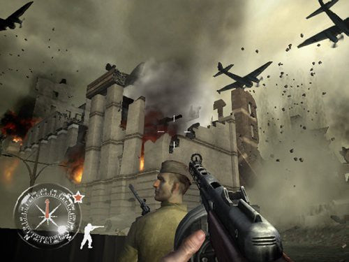Eine Spielszene zeigt einen Soldaten mit Waffe vor zerstörten Gebäuden, während Flugzeuge am Himmel sind.