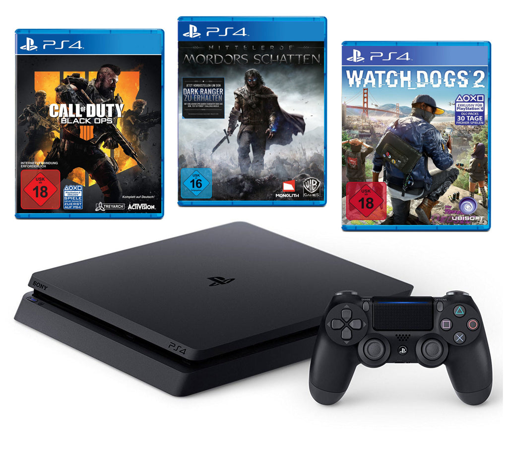 Konsole Slim 500GB schwarz + Black Ops 4 + Watch Dogs 2 + Shadow of Mordor + Original Controller (DE)