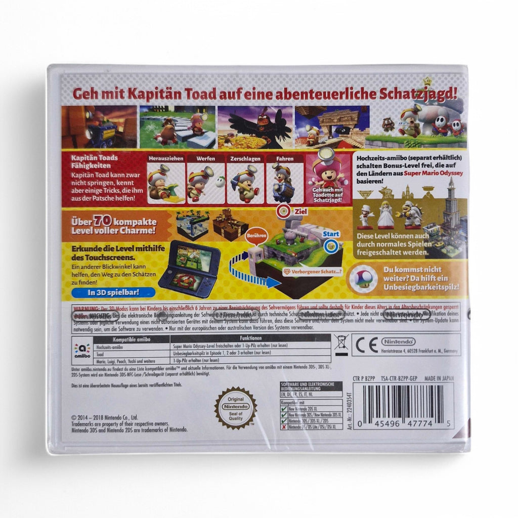 Die Rückseite von Captain Toad: Treasure Tracker zeigt Spielszenen und Textbeschreibungen der Spielfunktionen.