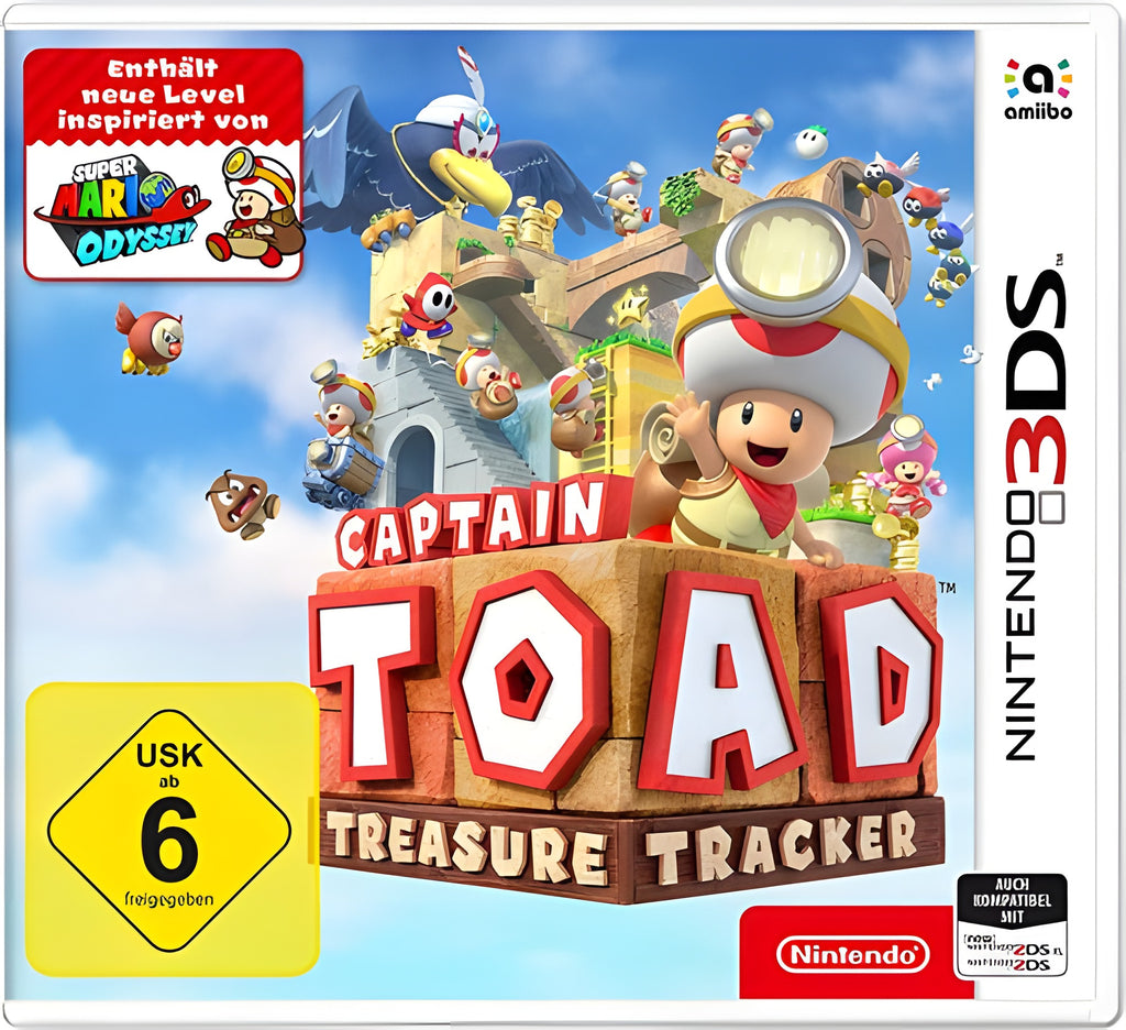 Das Cover von Captain Toad: Treasure Tracker für Nintendo 3DS zeigt Toad, andere Toads und die USK ab 6.
