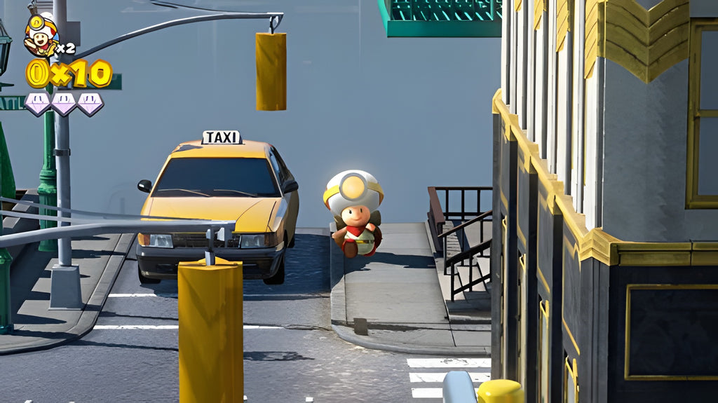Captain Toad: Treasure Tracker zeigt Toadette neben einem gelben Taxi auf einer Straße.