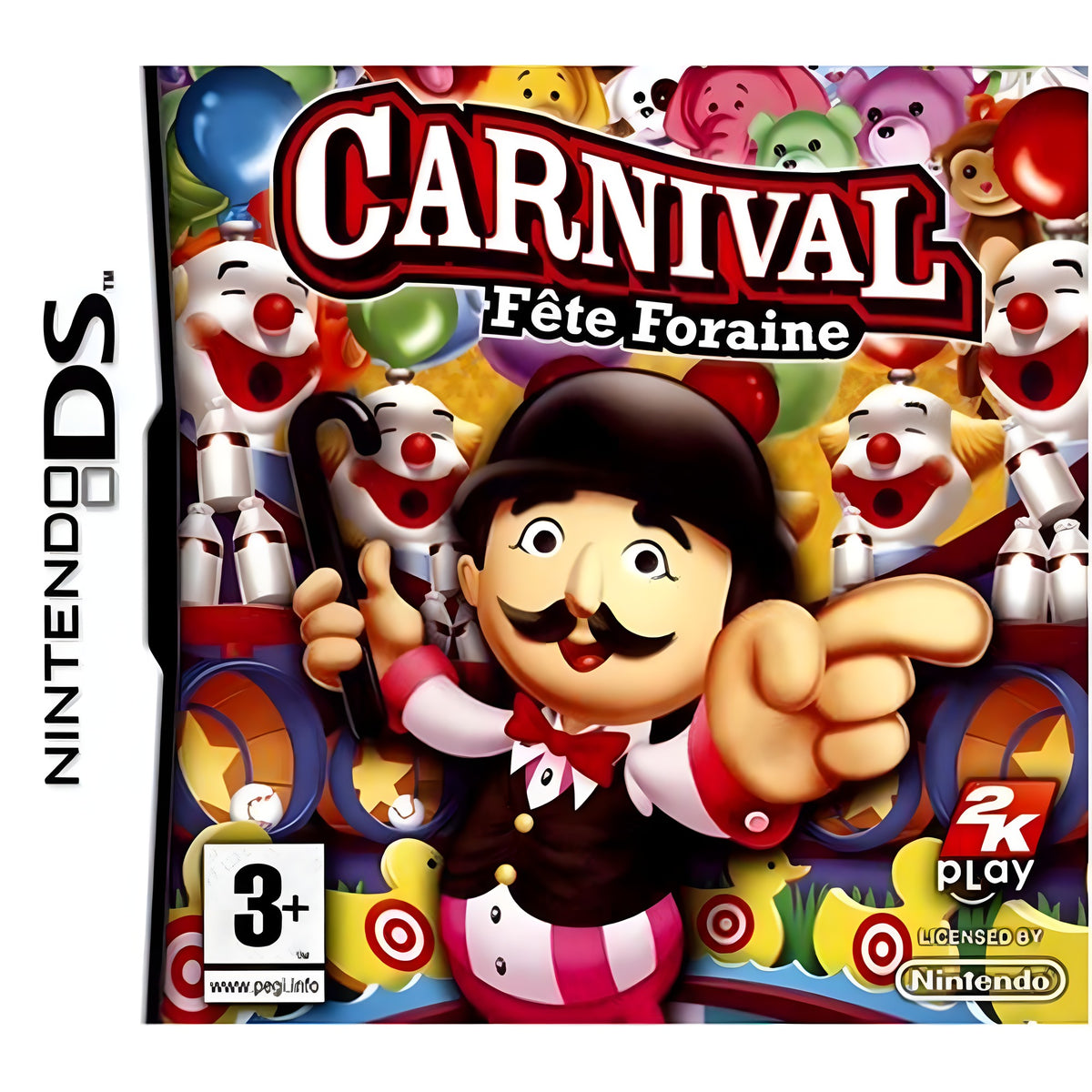 Das Cover von Carnival Games / Fete Forraine für Nintendo DS zeigt einen Zirkusdirektor und Clowns, PEGI ab 3.