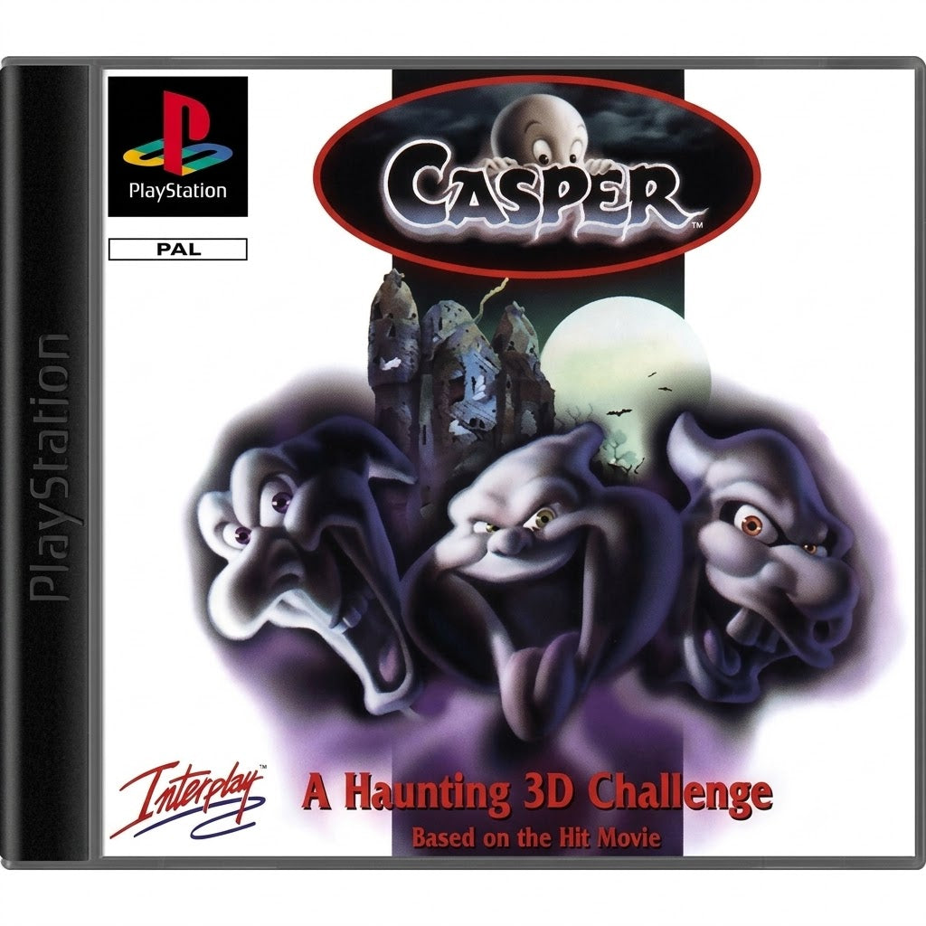 Das Cover von Casper für PlayStation zeigt drei gruselige Geister und ein Schloss bei Mondschein.
