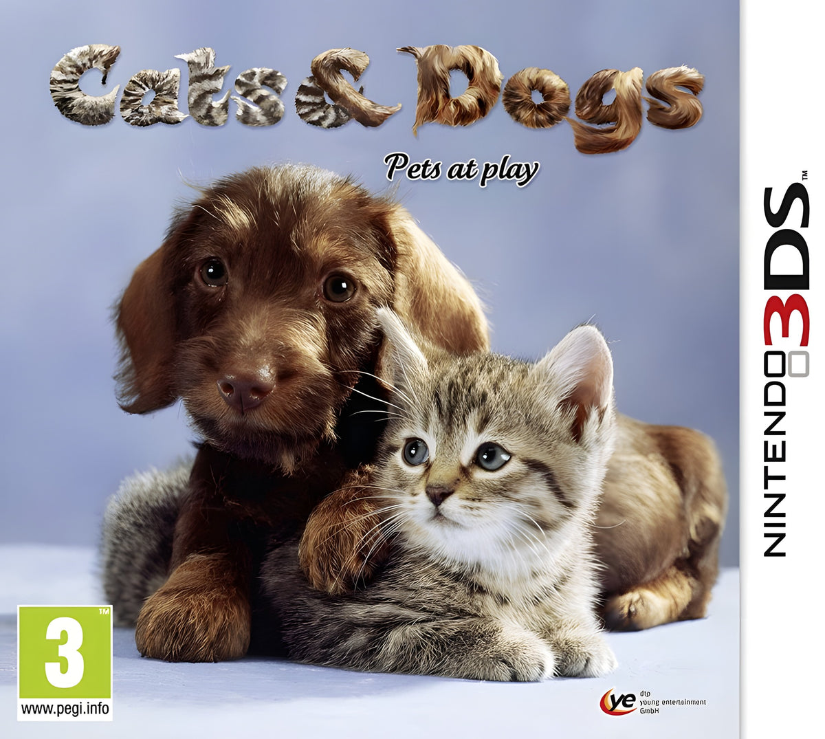 Das Cover von Cats & Dogs für Nintendo 3DS zeigt einen braunen Welpen und ein getigertes Kätzchen, PEGI 3.