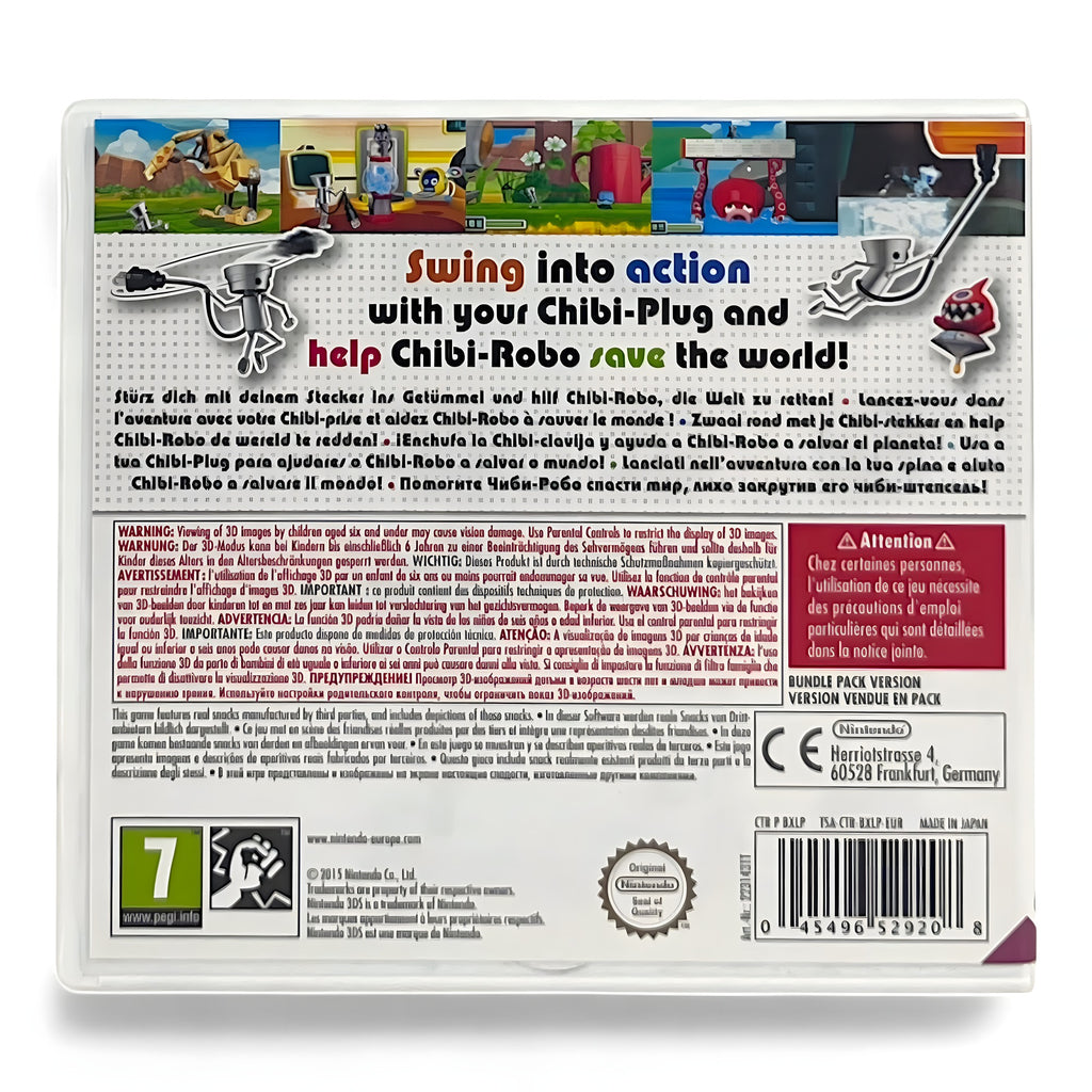 Die Rückseite von Chibi-Robo! Zip Lash zeigt mehrere kleine Spielszenen und Text in verschiedenen Sprachen.