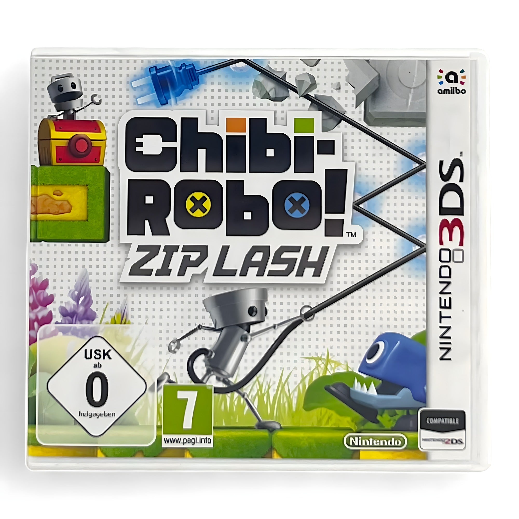Das Cover von Chibi-Robo! Zip Lash für Nintendo 3DS zeigt den kleinen Roboter mit seinem Stecker und USK ab 0.